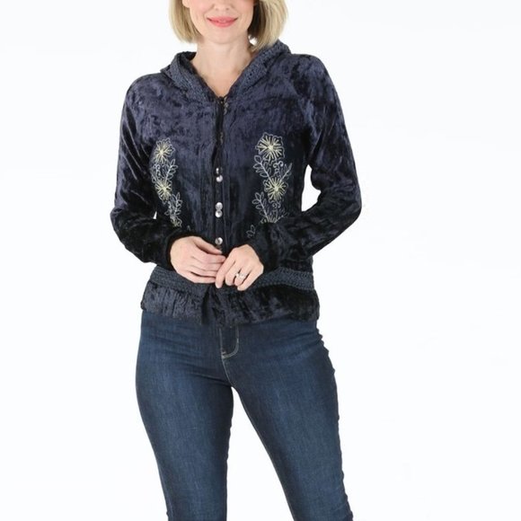 Embroidered Velvet Hooded Jacket NWT • Dark Navy • Button Front Long Sleeve - Picture 2 of 3